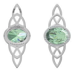 Custom sterling silver semi-mount pendant setting featuring an oval light green gemstone and intricate design.