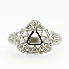 Sterling silver semi mount ring setting with Art Deco style design, featuring a triangular cutout for gemstone.