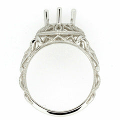 Sterling silver semi mount ring setting with detailed Art Deco design, ready for custom gemstone placement.