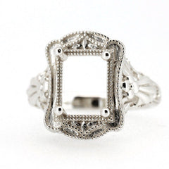 Sterling Silver Semi Mount Ring Setting, Art Deco style, featuring intricate detailing and an empty center for gemstone.