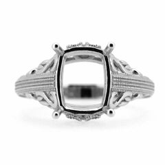 Sterling Silver Semi Mount Ring Setting in Art Deco Style, cushion cut design, for customizable gemstone placement.