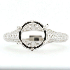 Sterling Silver Semi Mount Ring Setting with ornate band design for 8x8mm gemstone, Art Deco style