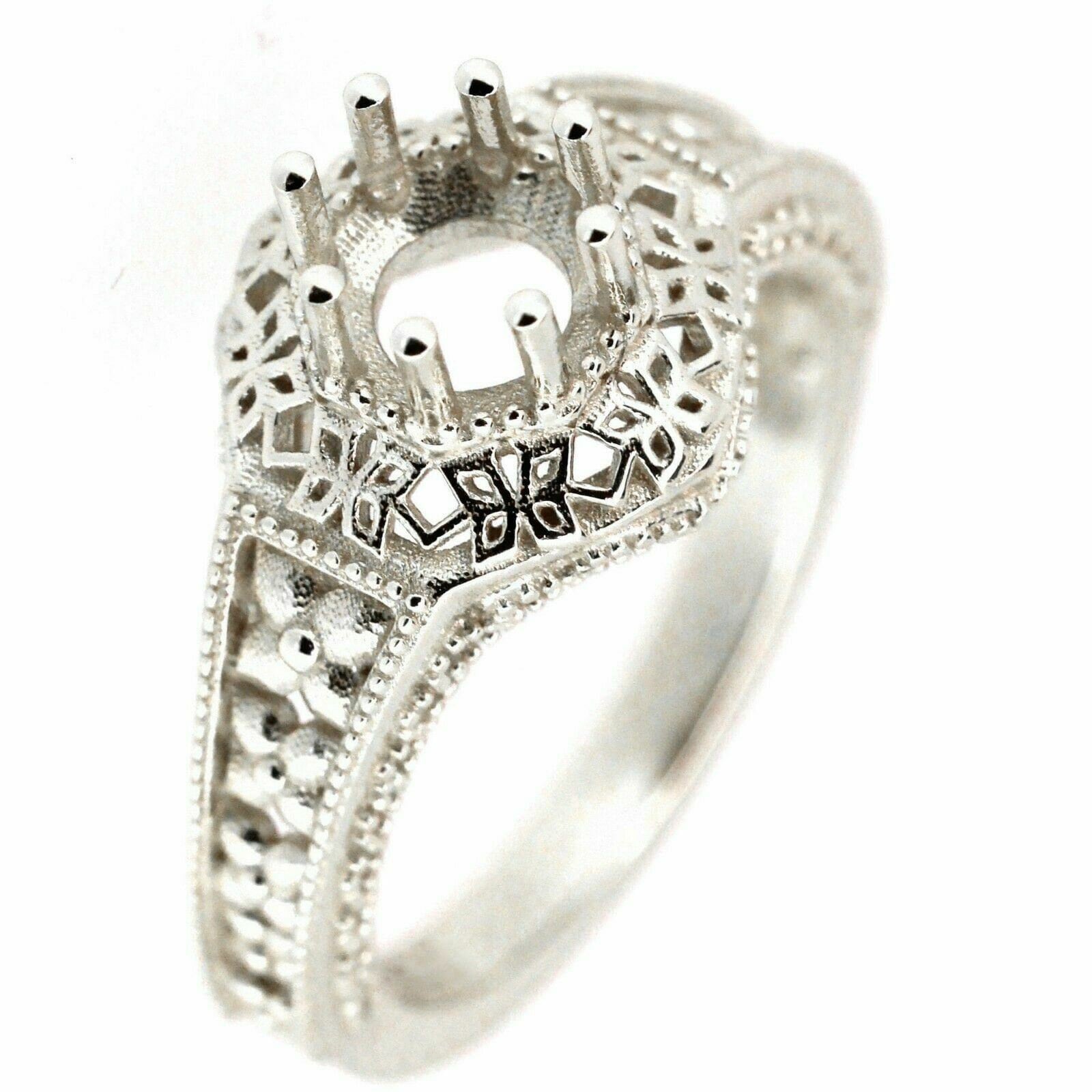 Sterling Silver Semi Mount Ring Setting in Art Deco Style with Round 6x6mm Center Stone Holder