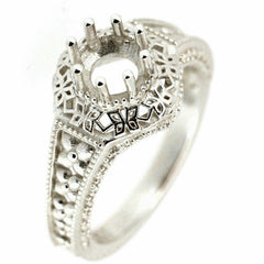 Sterling Silver Semi Mount Ring Setting in Art Deco Style with Round 6x6mm Center Stone Holder