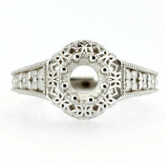 Sterling Silver Art Deco Semi Mount Ring Setting with intricate design for 6x6mm gemstone