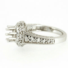 Sterling Silver Semi Mount Ring Setting Art Deco Style with intricate detailing and a round gemstone holder.