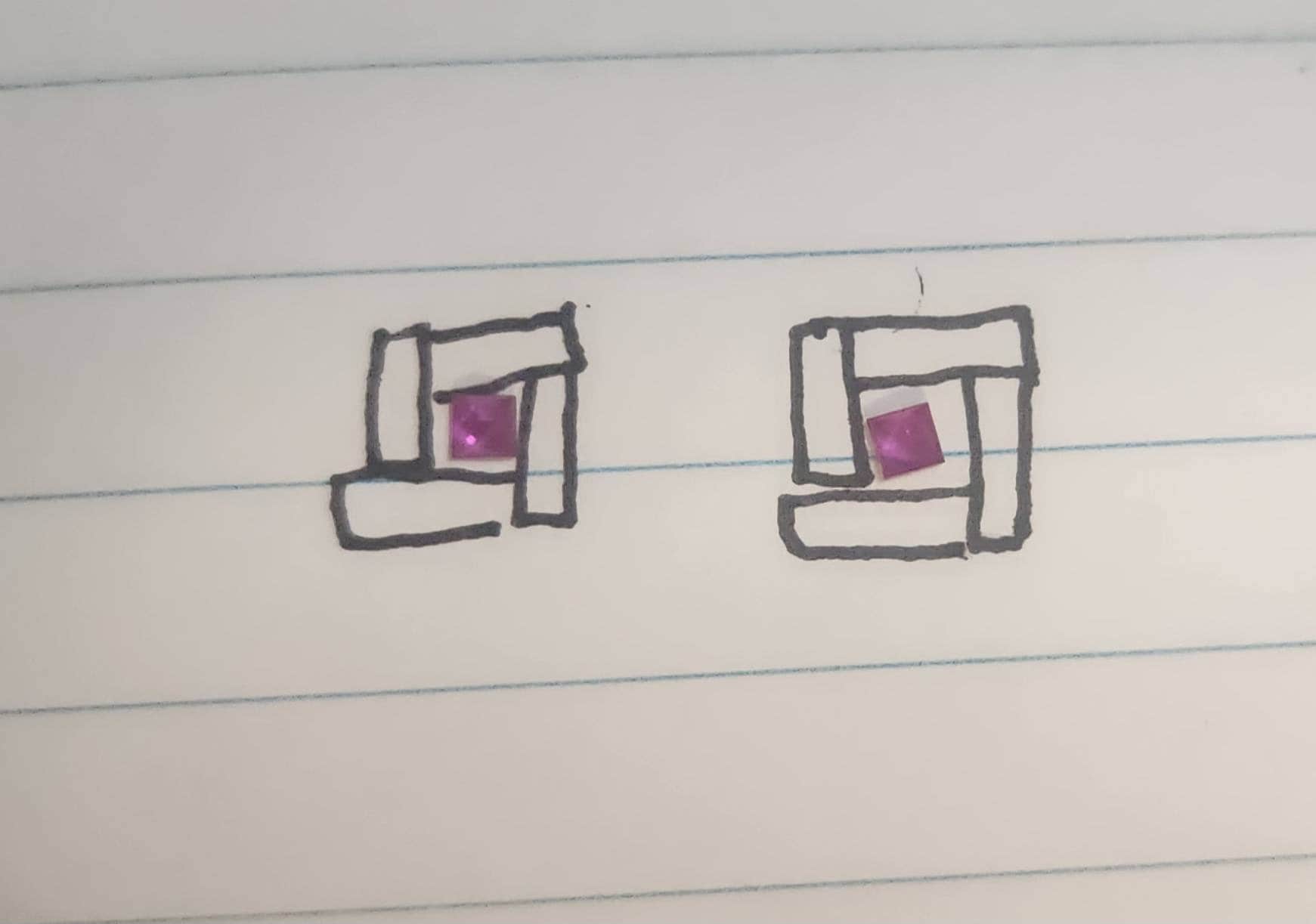 Sketch of two silver earring settings featuring square moissanite stones, designed as a custom semi mount.