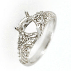 Sterling Silver Semi Mount Ring Setting with Art Deco design, featuring a pearl shape for 7x5mm gemstone placement.