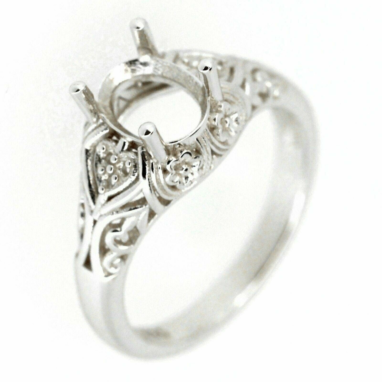 Sterling Silver Semi Mount Ring Setting with Art Deco Style and White Topaz Accents, Oval OV 7x5mm