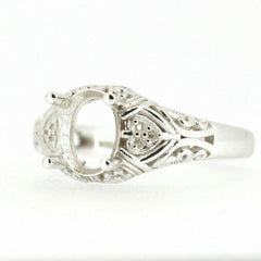 Sterling Silver Semi Mount Ring Setting with Art Deco style scroll and white topaz accent for 7x5mm oval gemstone.