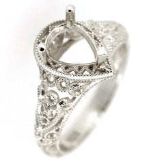 Art Deco style sterling silver semi mount ring setting for pear gemstones, 8x6mm, intricate design, made to order.