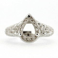 Sterling silver semi mount ring setting with intricate Art Deco design for 8x6mm pear cut gemstone.