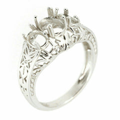 Sterling Silver Semi Mount Ring Setting with Art Nouveau design for oval gemstones, accommodates 7x5mm and 6x4mm sizes.