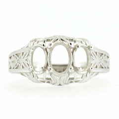 Sterling silver semi mount ring setting with Art Nouveau style for 3 stones, designed for 7x5mm and 6x4mm gemstones.