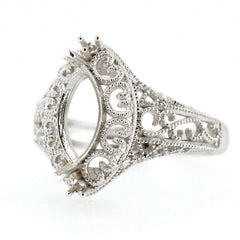 Sterling Silver Semi Mount Ring Setting in Art Nouveau style with intricate scroll detailing and space for a Marquise gem.