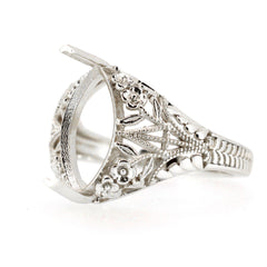 Sterling silver semi mount ring setting with art deco floral design, marquise stone holder, elegant vintage style.