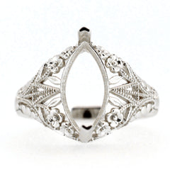 Sterling Silver Art Deco Semi Mount Ring Setting with intricate floral scroll design for Marquise stone.
