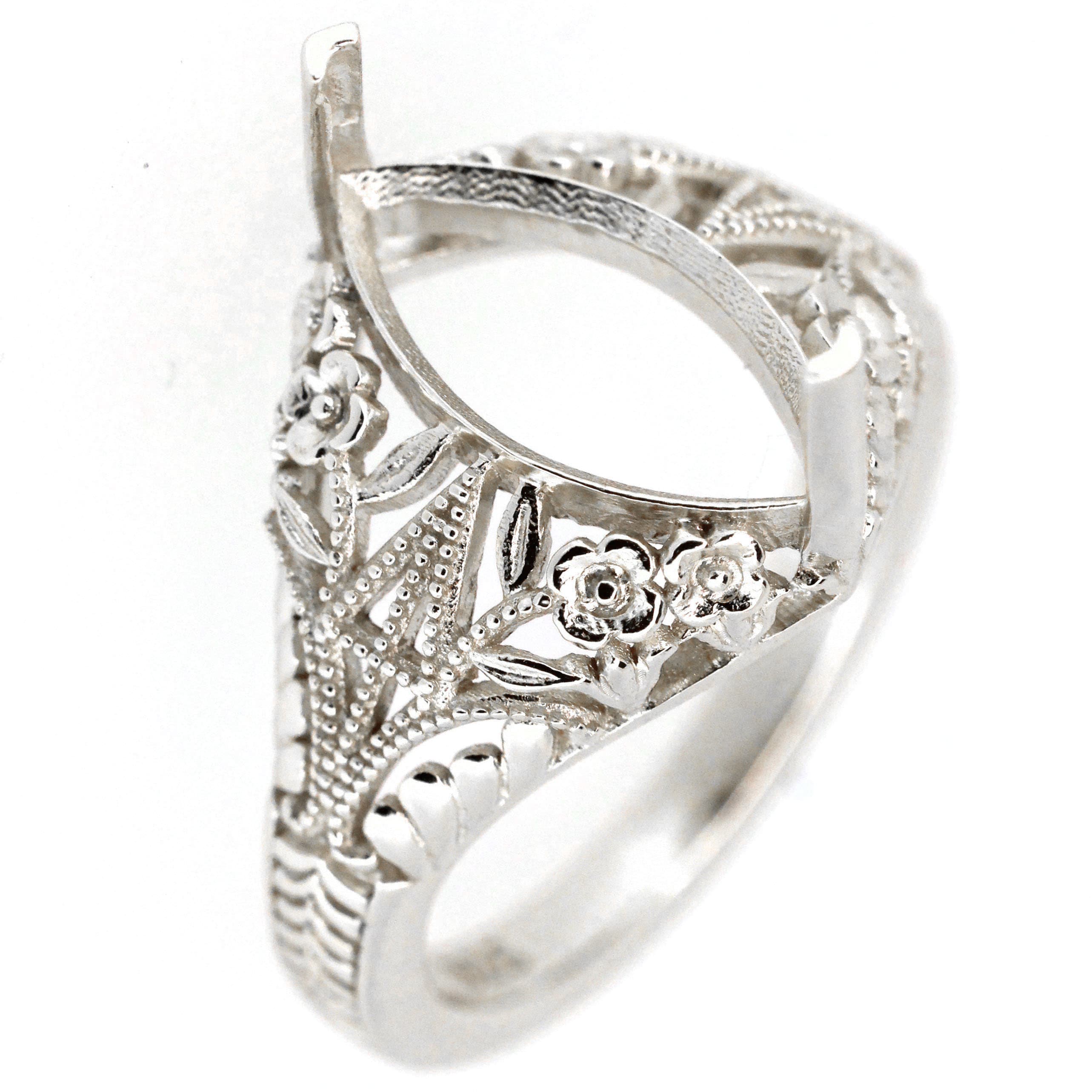 Sterling Silver Semi Mount Ring Setting with Art Deco style floral scroll design, showcasing marquise MQ 14x7mm feature.