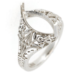 Sterling Silver Semi Mount Ring Setting with Art Deco style floral scroll design, showcasing marquise MQ 14x7mm feature.