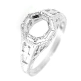 Sterling silver semi mount ring setting 7x7mm, art deco style, featuring intricate scroll design.