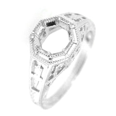 Sterling silver semi mount ring setting 7x7mm, art deco style, featuring intricate scroll design.