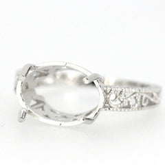 Sterling silver semi mount ring setting with oval 13x9mm design in art deco style, featuring intricate scroll detailing.