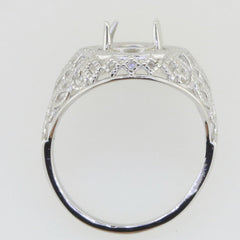 Sterling Silver Semi Mount Ring Setting with Art Deco style scroll design, oval 9x7mm centerpiece holder.