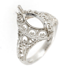 Sterling Silver Semi Mount Ring Setting in Art Nouveau Style with intricate scroll design, 10x5mm marquise stone holder.