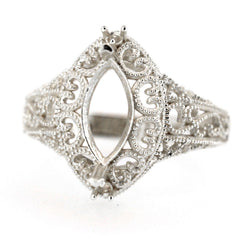Sterling silver semi mount ring setting in marquise design, featuring intricate art nouveau scroll details.