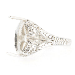 Sterling Silver Semi Mount Ring Setting with Art Deco floral design, crafted for a marquise stone, customizable size.