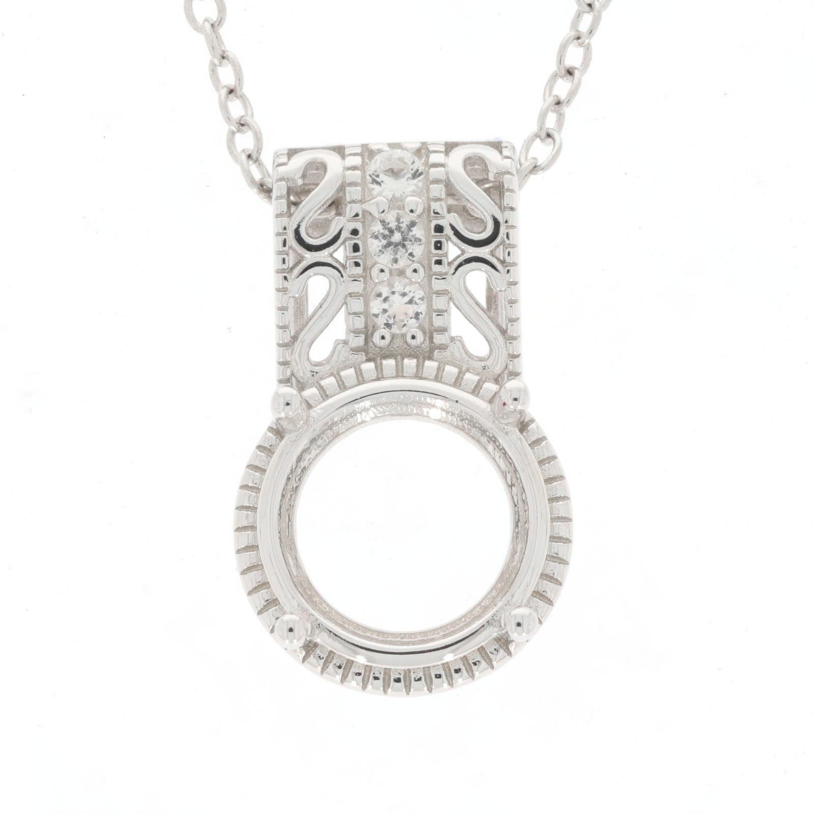 Sterling Silver semi mount pendant setting with round 9x9mm bezel for gemstones, featuring intricate design and White Topaz accents.