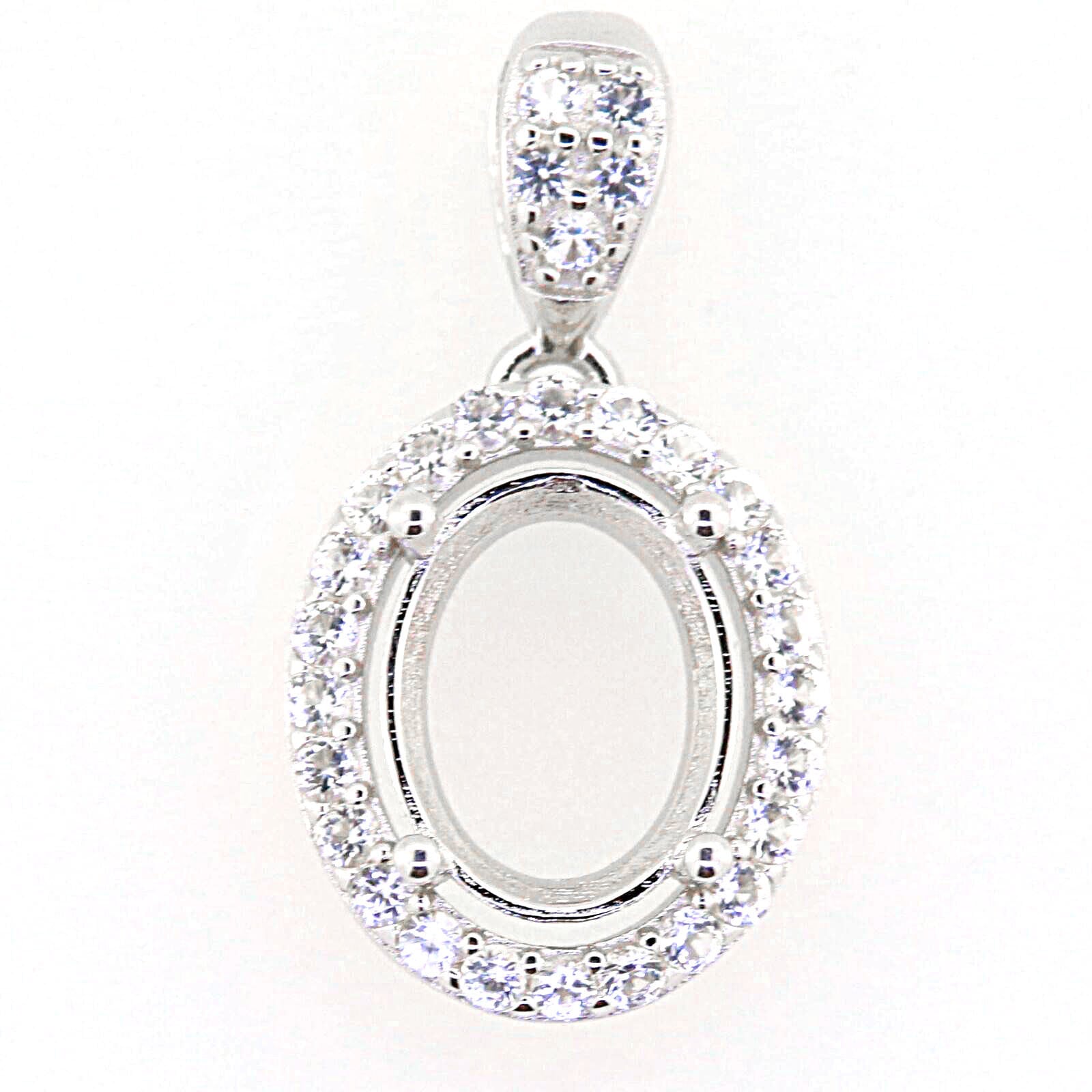 Sterling Silver Oval Semi Mount Pendant Setting with White Topaz Halo Accent, empty gemstone space for customization.