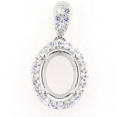 Sterling Silver Oval Semi Mount Pendant Setting with White Topaz Halo Accent, empty gemstone space for customization.