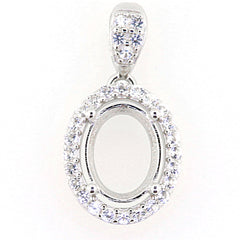 Sterling Silver Oval Semi Mount Pendant Setting with White Topaz Halo Accent, empty gemstone space for customization.