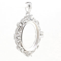 Sterling Silver Semi Mount Pendant Setting with White Topaz for 16x12mm Cabochon stones, customizable design.