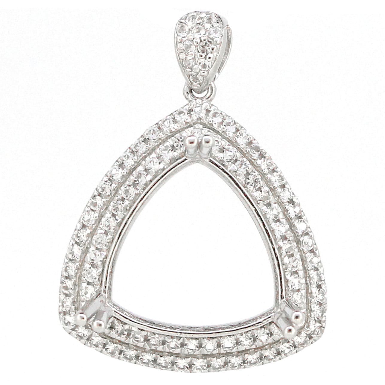 Sterling silver semi mount pendant setting in a triangular shape with white topaz double halo design.