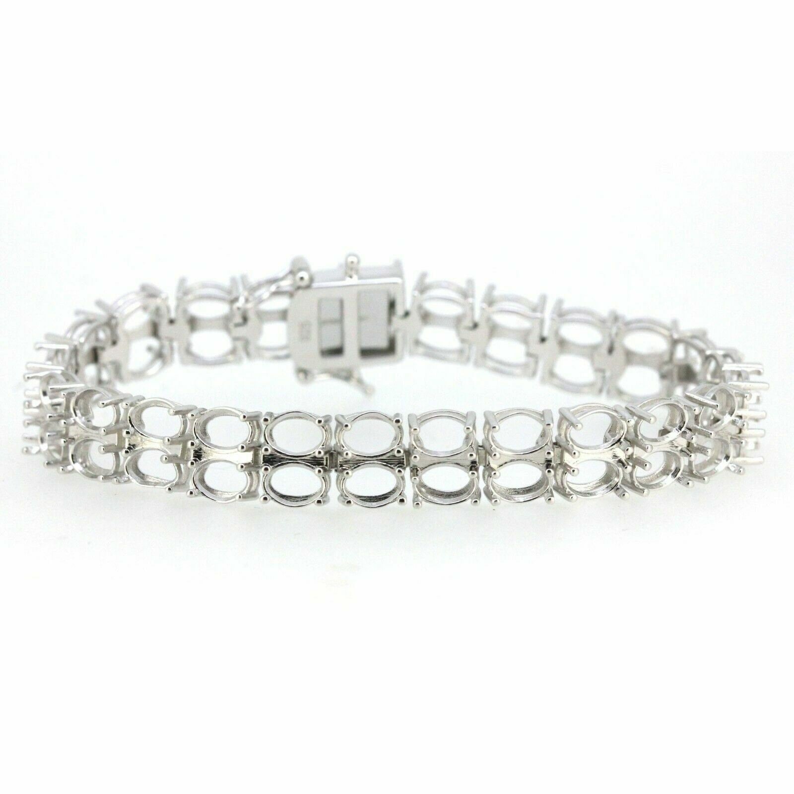 Sterling silver semi mount tennis bracelet setting, oval 7x5mm stone placements, double row design, stainless steel tongue.