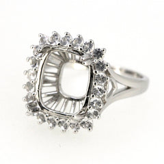 Sterling silver semi mount ring setting with halo for 12x10mm gemstone, featuring D Color Moissanite accents.