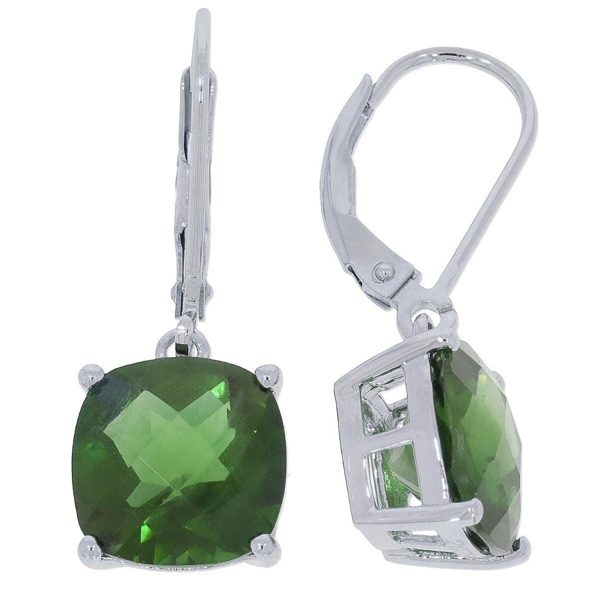 Custom sterling silver semi mount earrings setting with cushion green gemstone dangle leverback design.