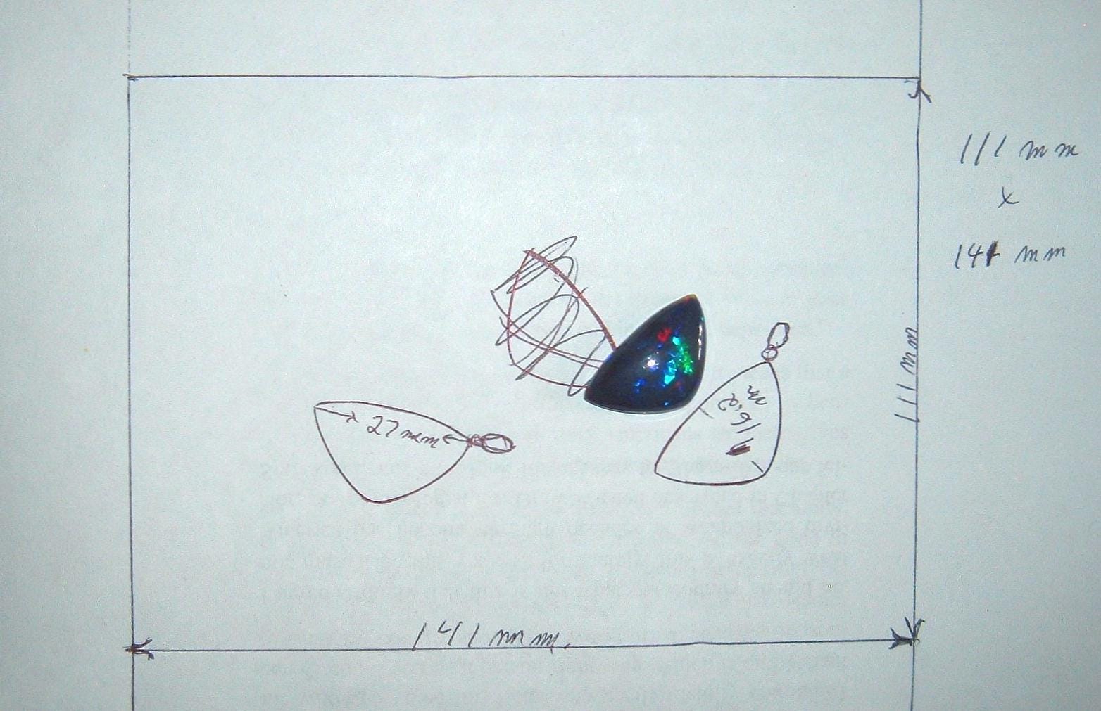 Diagram showing sizes and shapes of pear-shaped opal gemstones for custom sterling silver pendant settings.