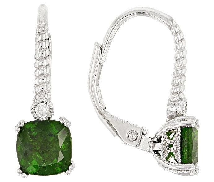 Sterling silver semi mount earrings with cushion-cut green gemstone, dangle design and leverback closure.