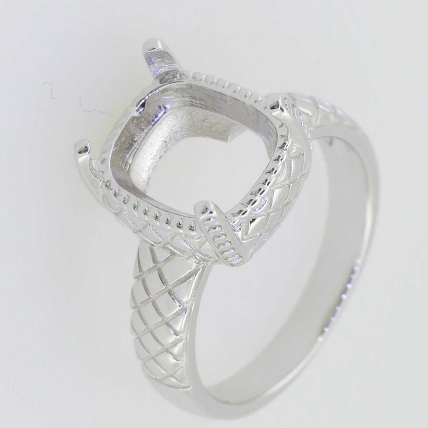 Sterling silver semi mount ring setting for cushion cut 11x9mm, featuring a detailed milgrain design.