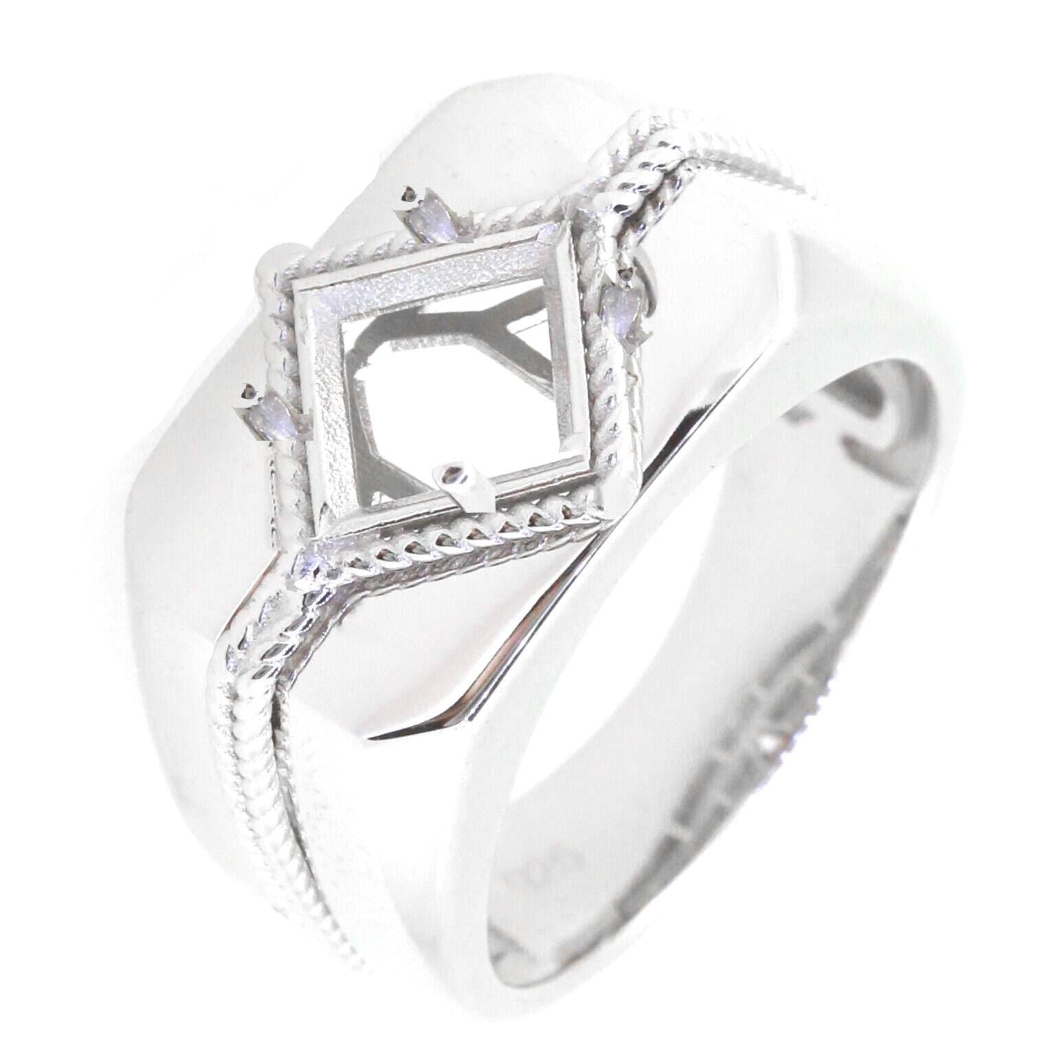 Custom men's sterling silver semi mount ring setting with princess square 7x7mm design for personalized gemstone fitting.