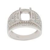 Sterling silver semi mount ring setting with cushion cut slot for 9x7mm white topaz, featuring intricate designs.
