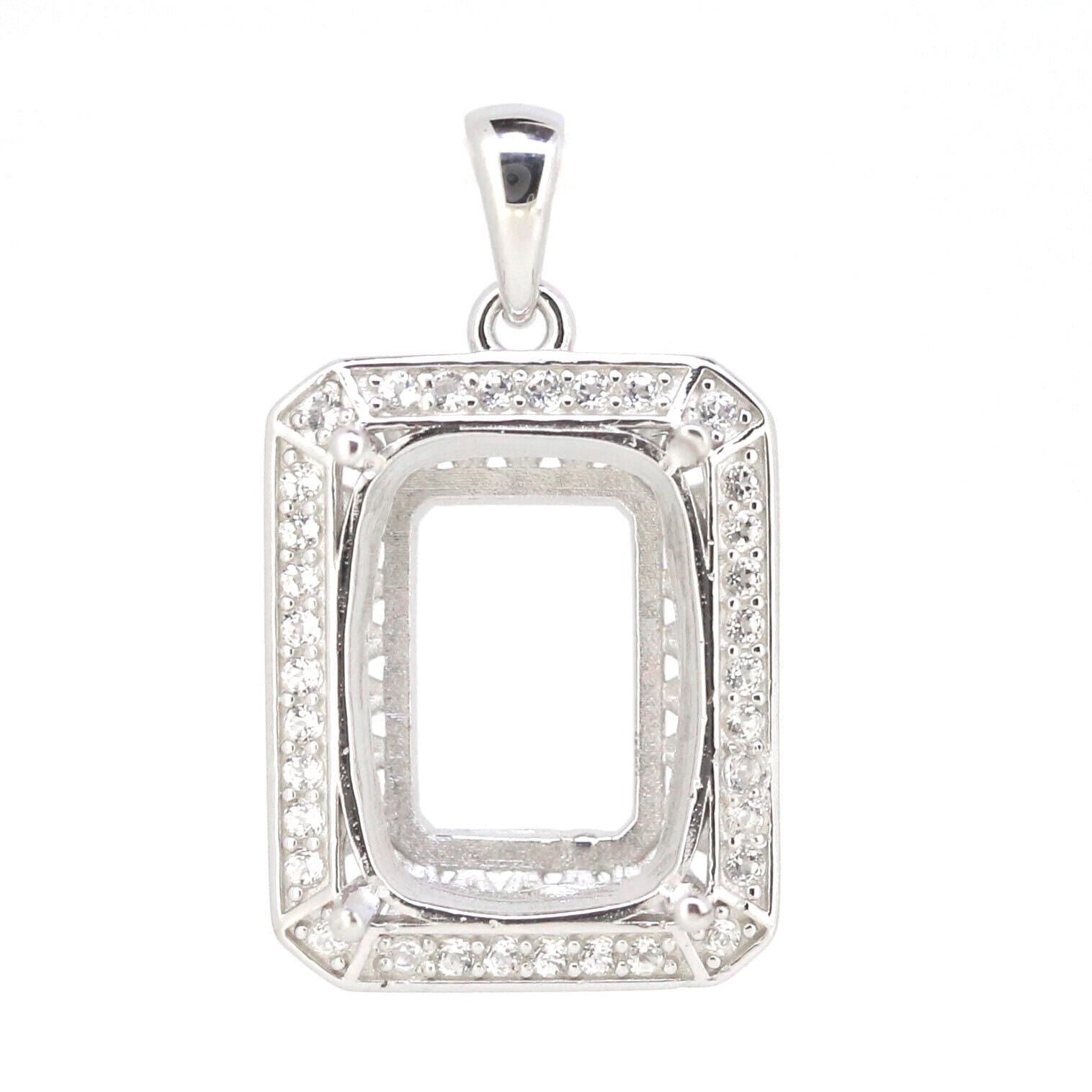 Sterling Silver Semi Mount Pendant Setting with Halo White Topaz, designed for custom gemstone placement.
