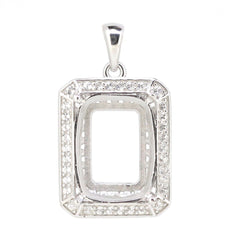 Sterling Silver Semi Mount Pendant Setting with Halo White Topaz, designed for custom gemstone placement.