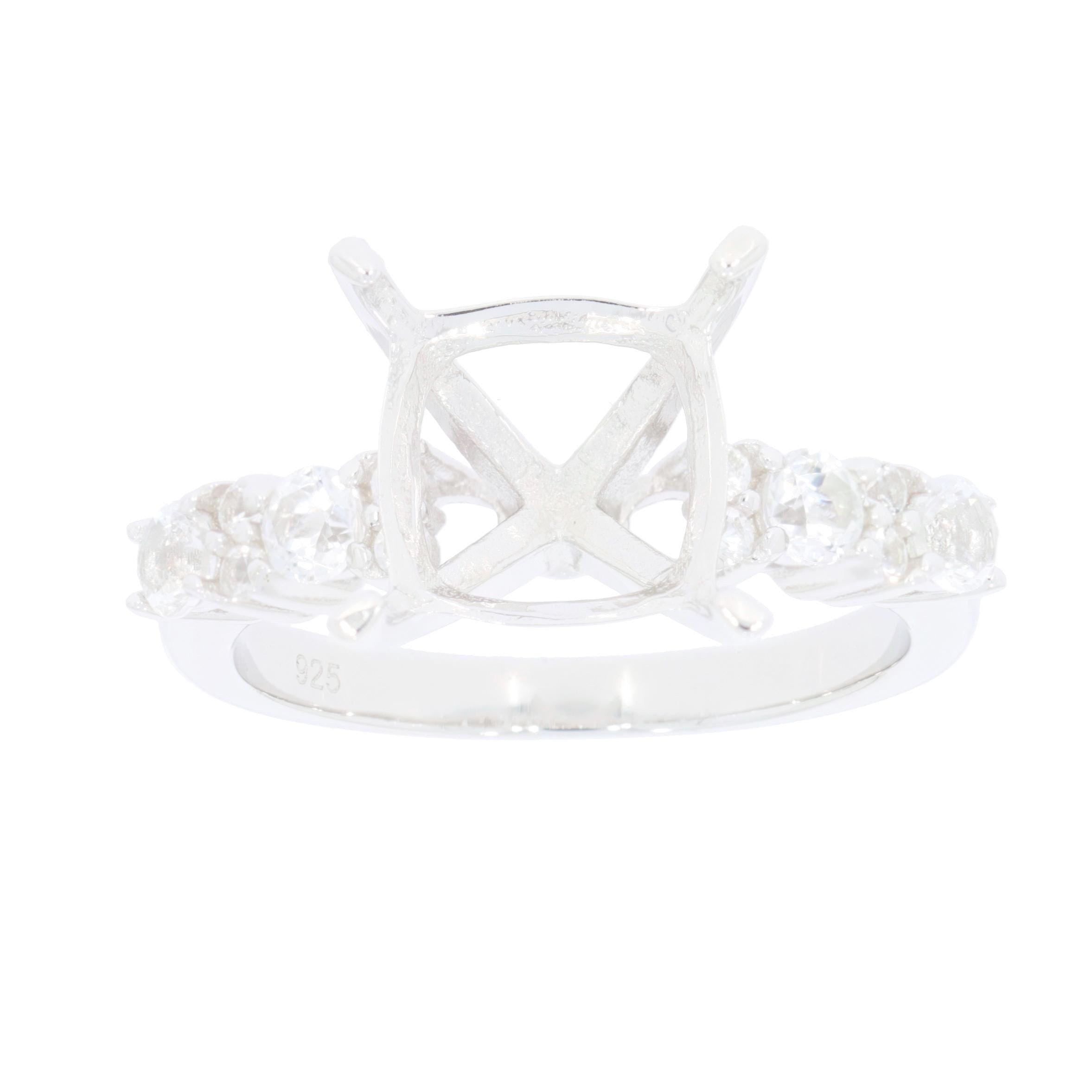 Sterling Silver semi mount ring setting with white topaz accents and cushion shape for 10x10mm gemstone.