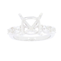 Sterling Silver semi mount ring setting with white topaz accents and cushion shape for 10x10mm gemstone.