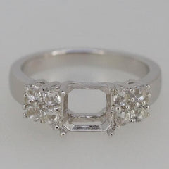 Sterling silver semi mount ring setting with Asscher SQ 7x7mm space for gemstone and white topaz accents.