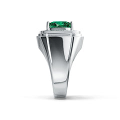 Sterling Silver Lab Grow Thermal Emerald Men's Singnet Ring Halo Design